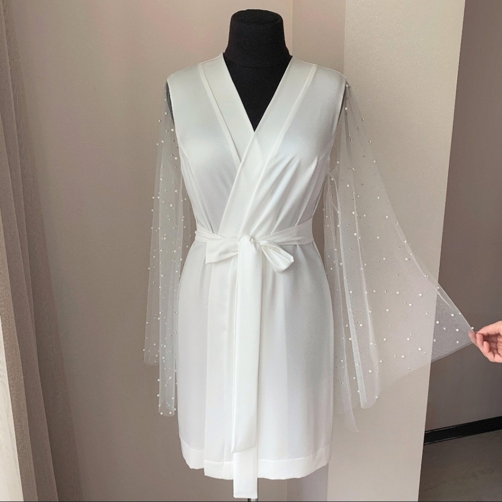 Elegant White Bridal Robe with Sheer Pearl-Embellished Sleeves